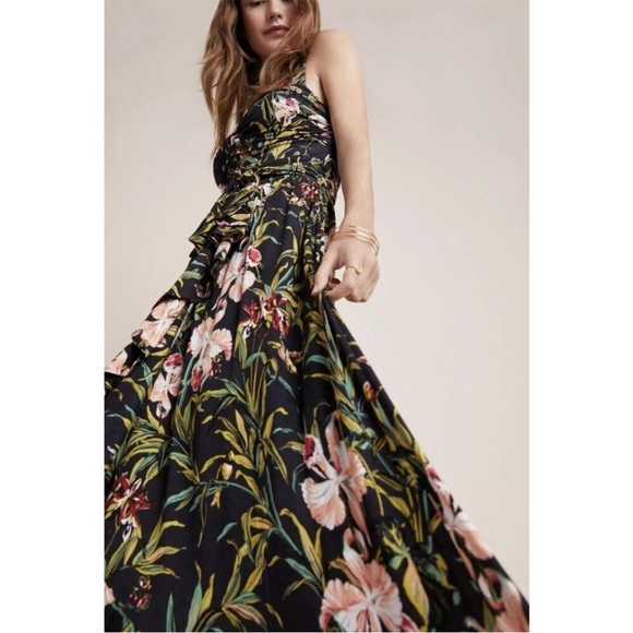 Maeve Dresses & Skirts - Anthropologie Maeve Gabriela Ruffled Black Floral Maxi Sweetheart Neck Dress S